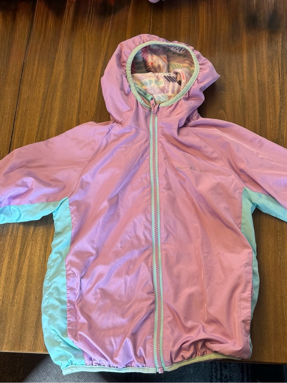 Eddie Bauer Girls Purple & Teal Hooded Fleece lined Reversible Raincoat
